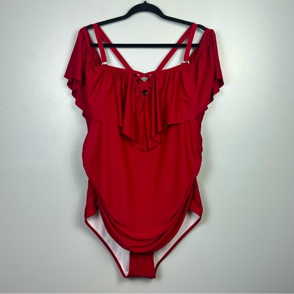 Red ruffled off shoulder removable/convertible strap 1 piece swimsuit, 22W.